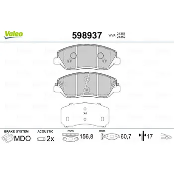 Autodíl Sada brzdových destiček, kotoučová brzda VALEO 598937