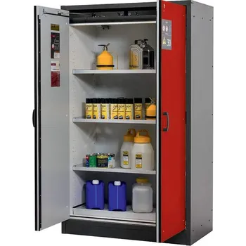 Bezpečnostní skříň na chemikálie 30 min., 3 police + vana, š. 1164 mm, dveře červené