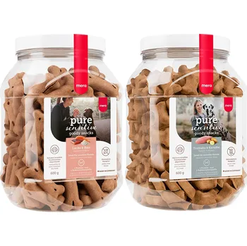 Volný čas 2x600g MERA pure sensitive Goody Snacks losos & rýže + krůta & brambory