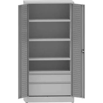 Dílenská skříň na nářadí, v x š x h: 1950x950x500 mm, perforované panely, 3 x police, 2 x zásuvka, barva šedá RAL7035/šedá RAL7035