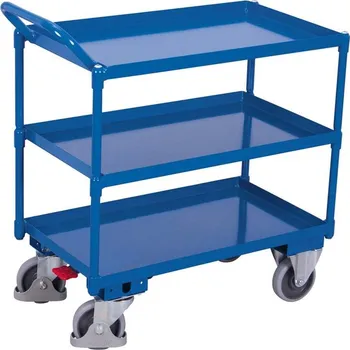 Plošinový vozík Montážní vozík VARIOfit, police- 3 ocelové vaničky, horní madlo, 845x495 mm, nosnost 400 kg