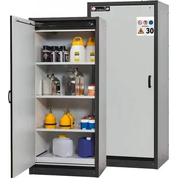 Bezpečnostní skříň na chemikálie 30 min., 3 police + vana, š. 864 mm, dveře šedé