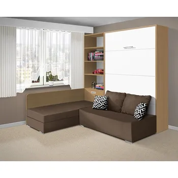 Postel Nabytekmorava Sklápěcí postel s pohovkou VS 21075, 200 x 140cm barevné kombinace: Buk / dveře bílé, barva pohovky: Savana hnědá