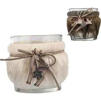 Svícen Svícen sklo/plyš vánoční 8x8 cm 4ASS