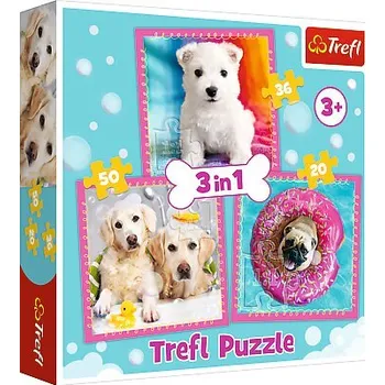 Puzzle Puzzle Trefl Koupající se pejskové, 20 + 36 + 50 dílky