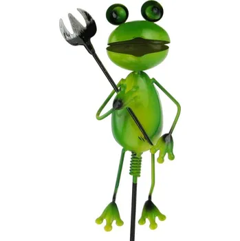 Zahradní dekorace Plechový žabák s vidlema, zápich na zahradu 19/70 cm (Plechová žába na zahrádku)