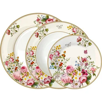 Talíř Easy Life BLOOMING OPULENCE sada 3 ks jídelních talířů: polévkový, rovný plochý, dezertní rozkvetlé květiny růže a motýlci 3 ks