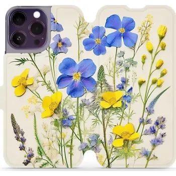 Pouzdro na mobilní telefon Flipové pouzdro Mobiwear - Apple iPhone 14 Pro Max - VP41S Modré a žluté kvítky (Knížkové flip pouzdro, obal, kryt na mobil Apple iPhone 14 Pro Max - VP41S Modré a žluté kvítky, materiál Umělá kůže + TPU - ochrana 360°, stojánek, silikonová vanička,)