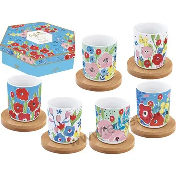 Easy Life EN PLEIN AIR porcelánové espresso kelímky a bambusové podložky malované červené a růžové květy *COFFEE MANIA* 110ml 6 ks