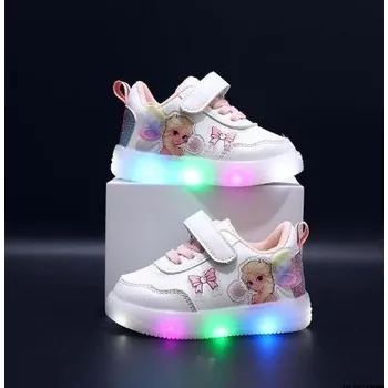 Dětská treková obuv Frozen (Ledové království) LED tenisky pro dívky Frozen Barva: Bílo-růžové, Elsa s mašličkou, Velikost: 23 (14,2 cm)