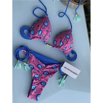 Dámské plavky Dámské plavky dvojdílné s kroucenou šňůrkou "T-string" (11-20) Barva: modrá kolečka 8243, Velikost: S