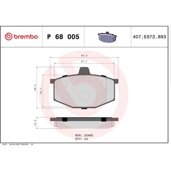 Brzdová destička Sada brzdových destiček, kotoučová brzda BREMBO P 68 005