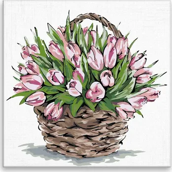 Dětské zboží Malování podle čísel - Proutěný koš s tulipány - 40x40 cm, bez dřevěného rámu - CZ výroba