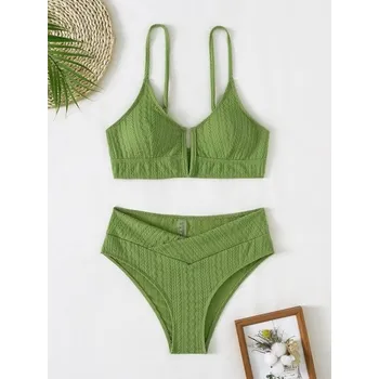 Dámské plavky Dámské plavky dvojdílné - bikiny s pletenou texturou Barva: zelená, Velikost: L