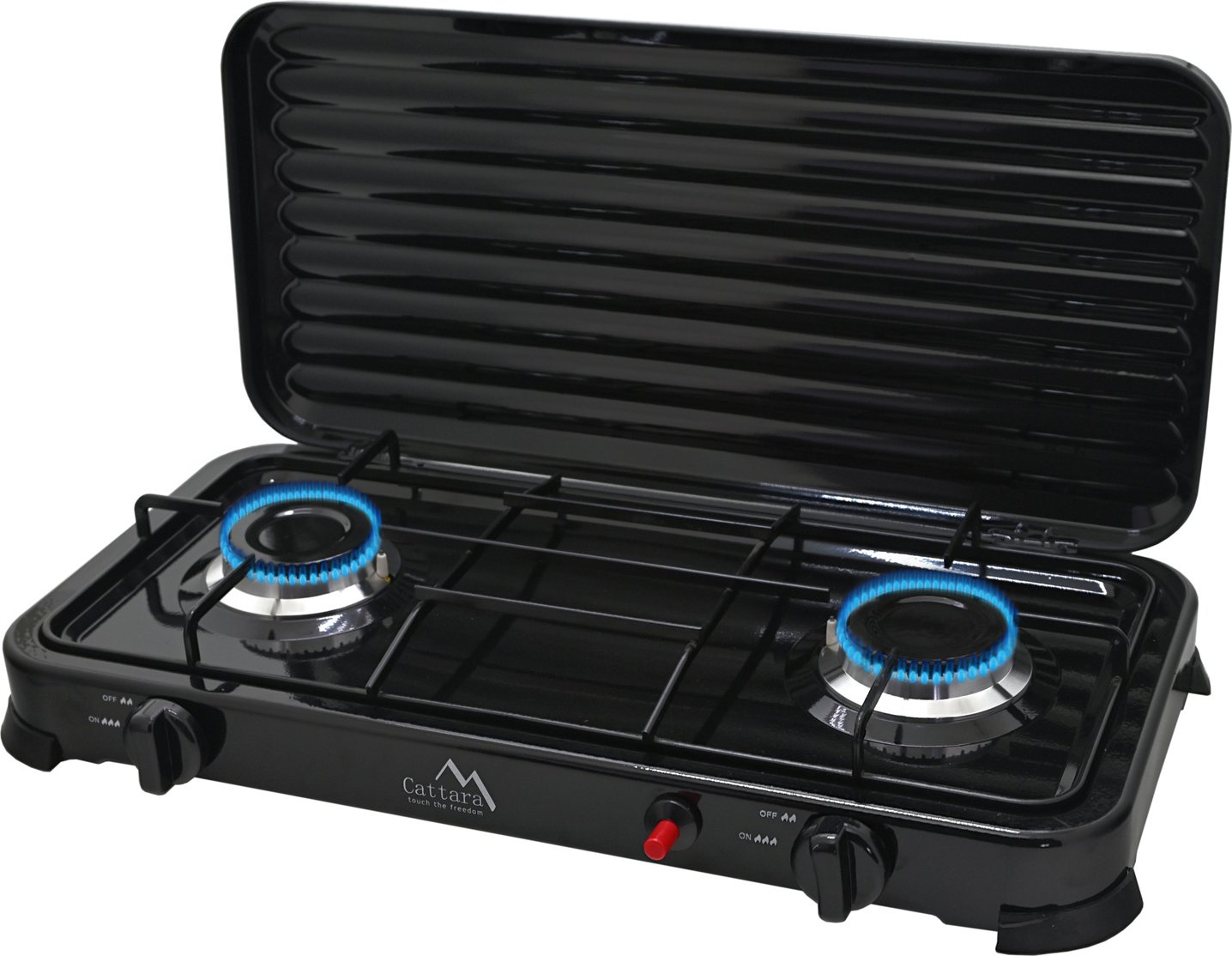 Cattara Plynový vařič Traveler Family, 13596 PB 2-hořák, víko, piezo - černý, AOTE-6002 (Cattara 13596 AOTE-6002 Stolní plynový vařič na propan-butan se dvěma hořáky 2x 2,2 kW)