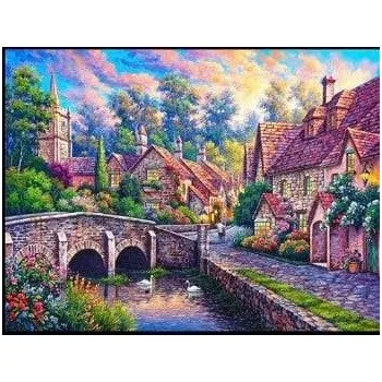 Diamantové malování Diamantové malování - Vesnička u kamenného mostu - č. 678 65x85 cm