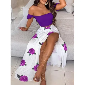 Dámský letní set crop topu a dlouhé sukně (11-19) Barva: fialové květy, Velikost: XXL