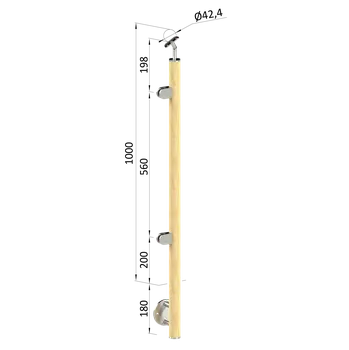 Zábradlí KOVIAN, s.r.o. Dřevěný sloup, boční kotvení, výplň: sklo, levý, vrch nastavitelný (ø42 mm), materiál: buk, broušený povrch bez nátěru