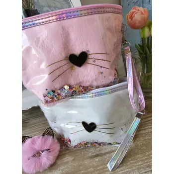 Kosmetická taška Růžová chlupatá toaletní taštička s čumáčkem a flitry - 23*13 cm