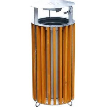 Odpadkový koš Dřevěný koš se stříškou a popelníkem, kulatý, odstín dřeva pinie, objem 50 l, výška 940 mm