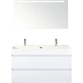 Koupelnový nábytek Koupelnový nábytkový set Maxx XL 120 cm s keramickým umyvadlem 2 otvory na kohouty a zrcadlem s LED osvětlením bílá vysoce lesklá