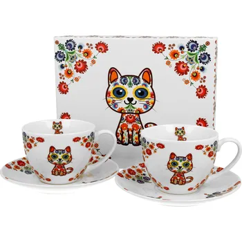 DUO Gifts DG - Porcelánové šálky s podšálky Kočky ETNO v dárkové krabičce 2 ks - 280 ml