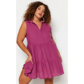 Dámské šaty Trendyol Curve fialové tkané plážové šaty s knoflíky Trendyol tmavě červená 2245028