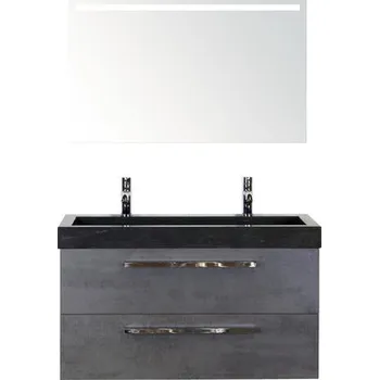 Koupelnový nábytek Koupelnový nábytkový set Seville 100 cm s umyvadlem z přírodního kamene 2 otvory na kohouty a zrcadlem s LED osvětlením beton antracitově šedá
