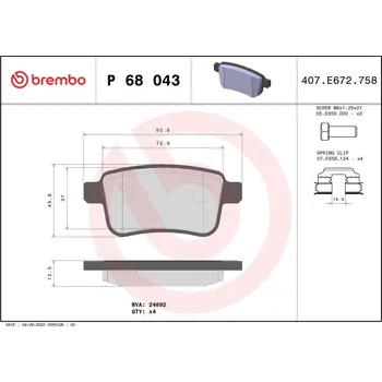 Brzdová destička Sada brzdových destiček, kotoučová brzda BREMBO P 68 043