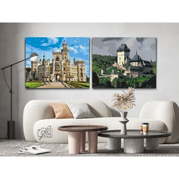 Malování podle čísel - Zámek Karlštejn a Hluboká (sada 2ks) Velikost: 2ks 30x40cm, Rámování: Pouze srolované plátno