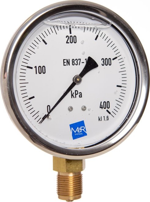 MANOMER SK, a.s. manometr P300 / MI100G 0/400kPa, M20x1,5mm spodní přip. + glycerin