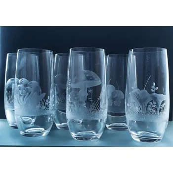 Sklenice skleničky na pivo 6ks Club 350m s rytinou různých druhů hub - ručně ryté (broušené) dárek pro houbaře