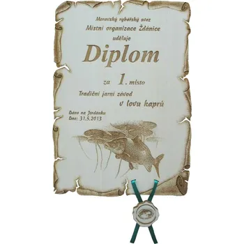Diplom rybářské závody č. 759 pergamen z překližky