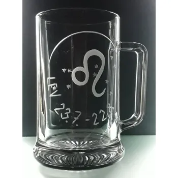 Sklenice Půllitr s uchem, znamení Lev - ručně ryté (broušené)