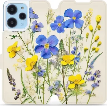 Pouzdro na mobilní telefon Flipové pouzdro Mobiwear - Xiaomi Redmi 12 - VP41S Modré a žluté kvítky (Knížkové flip pouzdro, obal, kryt na mobil Xiaomi Redmi 12 - VP41S Modré a žluté kvítky, materiál Umělá kůže + TPU - ochrana 360°, stojánek, silikonová vanička, magnetické zavírání)