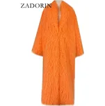 Dlouhý kožešinový kabát kožich chlupatý s límcem Barva: Oranžová, Velikost: 2XL