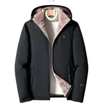 Pánský kabát Pánská zimní bunda větru odolná s kapucí a plyšovou podšívkou Barva: Černá, Velikost: L