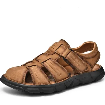 Dámské sandále Pánské kožené sandály páskové s prošíváním Barva: Hnědá, Velikost: 47