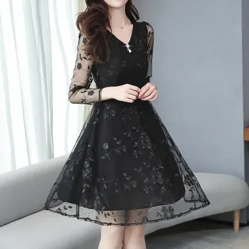 Dámské šaty Čína Elegantní společenské šaty s dlouhým rukávem, s dvojvrstvým efektem a drobnými vyšívanými kvítky Barva: černá (Long Sleeve Black), Velikost: 5XL