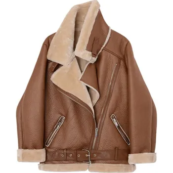 Dámská parka Zimní kožená bunda s kožešinou Barva: Hnědá, Velikost: S