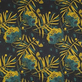 Teplákovina 22506 počesaná černá, olivové palmové listy a květy, š.150