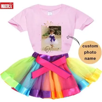 Dívčí sukně Čína Dívčí narozeninový set trika a tutu sukně s vlastní fotografií a jménem - krátký rukáv Barva: růžové triko + duhová sukně, Velikost: 90 triko + uni sukně