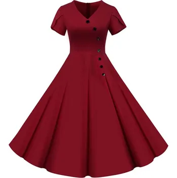 Dámské šaty Áčkové retro šaty s výstřihem do V a ozdobnými knoflíky Barva: Vínová, Velikost: S