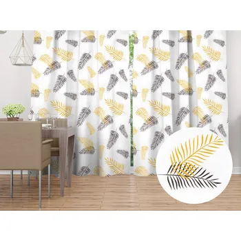 ubrus Bavlněný závěs Sandra SA-219 Zlaté a černé palmové listy na bílém 150x160 cm