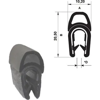 Stavební profil PROFIL PIRELI U 19.0374 (D.* (mm): 1-4 mm, Hmotnost (kg): 0,14, Balení [MJ]: 50, Kóta B: 20,5, Kóta A: 10,2, Materiál: PVC/EPDM)