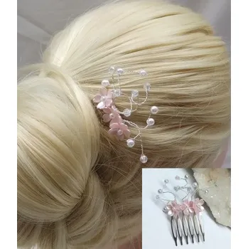 Ozdoba do vlasů Hřebínek Altea svatební růžové kvítky s perličkami BH29c