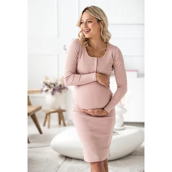 Těhotenské šaty Milk & Love Žebrované těhotenské a kojící šaty Tummy pudrově růžové bavlněné dlouhý rukáv Velikost: L