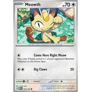 Volný čas Pokémon MEW 052/165 Meowth - 151 Stav: Near Mint, Verze: NORMAL