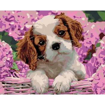 Diamondi Diamantové malování - ŠTĚŇÁTKO A HORTENZIE Rozměr: 40x50 cm, Rámování: bez rámu a bez vypnutí plátna