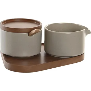 Kuchyňský gril Cukřenka a mléčenka DKD Home Decor Dřevo Porcelán Kaštanová Béžová (4 ks) (19,5 x 18,5 x 7 cm)